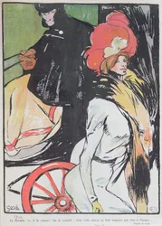 Sarjakuva, joka kuvaa taksimiestä kurtisaanin kanssa, 1901