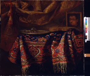 Natura morta amb autoretrat. (Bodegó amb autoretrat). Pintura de Francesco Fieravino (entre 1610 i 1660). Art italià, estil barroc. Regional A. Deineka Art Gallery, Kursk, Rússia, finlandès
