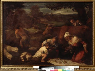 ""Le soir"" (Ilta) Paimenperhe, naiset ja lapset syövät lounasta nurmikolla. Maalaus Jacopo Bassanon (da Ponte) (1510-1592) seurueesta 1500-luvun Ivan Kramskoy (tai Kramskoi) taidemuseo Voronezhissa (Voronezh), Venäjä.