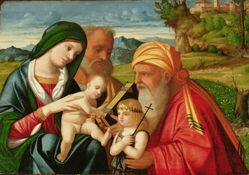Pyhä perhe ja pyhät Simeon ja Johannes Kastaja, 1500-luvun alku (öljy paneelille).