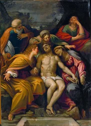 Syvennys, jossa on apostoli Johannes, Pyhä Magdaleena, Marie-Salome, Joosef Arimatialainen ja Pyhä Maria ...