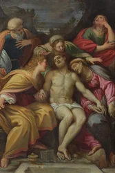 Kristuksen itkuvirsi ja Johannes, Maria Magdaleena, Maria Salomé, Joosef Arimatialainen ja Neitsyt Maria.