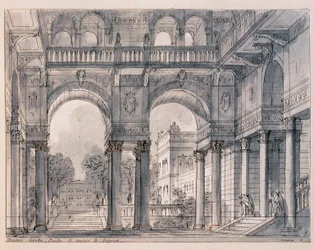 Lavastus Wolfang Amadeus Mozartin (1756-1791) Les noces de Figaron (Figaron häät) toiselle kohtaukselle, ohjaaja Francesco Bagnara (1784-1866) 1820-1839 Venetsian Museo Correr