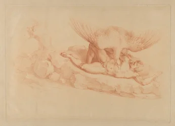 Prometheus, alasti, kiveen kahlittu, katselee yllään seisovaa kotkaa, 1795.