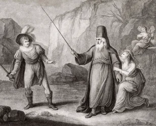 Prospero riisuu Ferdinandin aseista. Shakespeare. The Tempest (kaiverrus)