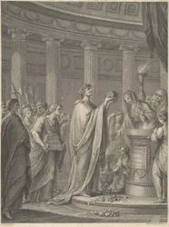 Roomalainen sotapäällikkö Julius Caesar vihkii Venus Genetrixin temppelin Caesarin forumilla Roomassa, 46 eKr.