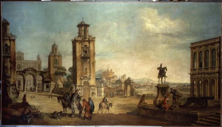 ""Katunäkymä kaupungissa, suuri aukio monumentteineen"" (Kaupunkinäkymä) Francesco Battagliolin maalaus (ec. venit.) (1722-1790) 1700-luvun Eremitaaši, Pietari