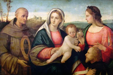 Sacra Conversazione: Pyhä Bernardino ja naispuolinen pyhimys esittelemässä lahjoittajaa, noin 1525 (öljy paneelille).