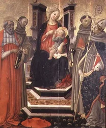 Madonna ja lapsi SS:n kanssa. Jerome, Franciscus Assisilainen, Anthony Padovalainen ja Louis Toulouse (tempera paneelissa)