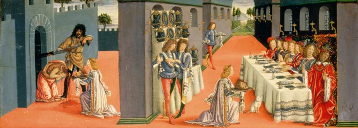 Kohtauksia Pyhän Johannes Kastajan marttyyrikuolemasta, predella-paneeli Sakramenttien tabernaakkelista, n. 1484-6 (tempera taulussa) (yksityiskohta vuodelta 94757)