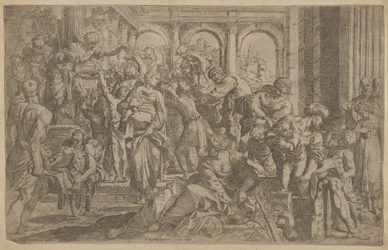 Saint Roch vasemmalla jakoi almuja hänen ympärilleen kokoontuneelle ihmisryhmälle A..., n. 1607.