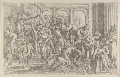 Saint Roch vasemmalla jakoi almuja ympärilleen kokoontuneelle ihmisryhmälle, af..., n. 1590-1600.