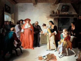 Kardinaali Borromeo vierailemassa Lucyn luona räätälin talossa, kohtaus elokuvasta Alessandro Manzonin kihlattu (1785-1873), Francesco Coghetti (1804-1875), öljy kankaalle, 35,3 x 47,4 cm