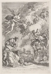 Pyhät Gregorius Suuri ja pyhä Hieronymus rukoilevat kiirastulessa olevien sielujen puolesta Molte Anime del Purgatorio portate dagli Angeli in Cielo per le pregiere di S. Gregorio I. Pontefice Romano (otsikko esineessä)