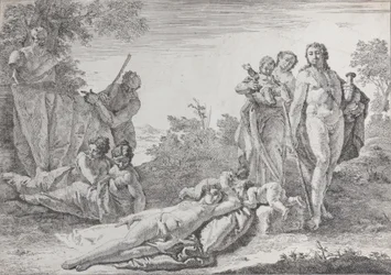Yhdeksän hahmoa lähellä Herm of Pan, julkaisusta Bacchanals and Histories, 1744.