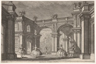 Kaksi naista ja kaksi herraa tanssimassa koristeellisessa arkkitehtonisessa ympäristössä, suihkulähde osoitteessa..., 1765.