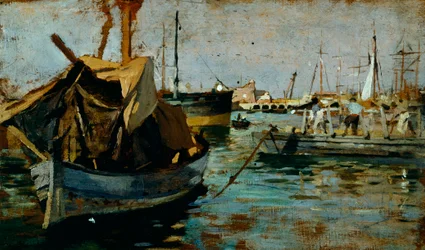 Francesco Giolin (1846-1922) työssä Livornon satamassa (Leghorn), öljy paneelille, 22x38 cm