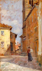 Francesco Giolin (1846-1922) kadulla Volterrassa, öljy paneelille, 38x23 cm