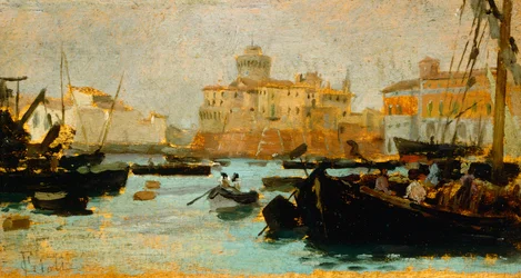 Port in Livorno, Francesco Gioli (1846-1922), öljy paneelille, 9x17 cm