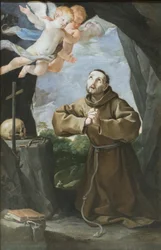 Pyhä Fransiskus palvomassa ristiä, noin 1630-40 (öljy kankaalle).