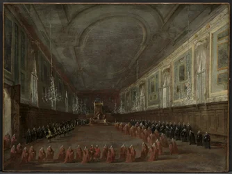 Paavi Pius VI laskeutuu valtaistuimelle jättääkseen dogen aulassa..., c. 1783.