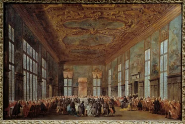 Venetsian dogi Alvise IV Mocinego (1701-1778) tarjoaa aamiaista suurlähettiläille Francesco Guardin (1712-1793) maalaus 1700-luvun su. 0,67x1,01 m Nantes, Kuvataidemuseo