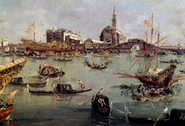 Doge Bucentauruksella (Bucentoro) San Nicolossa Lidosta Venetsiaan, Francesco Guardin (1712-1793) helatorstai-maalaus 1700-luvun Pariisissa, Louvre-museo.