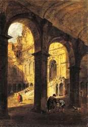 Näkymä Palazzo Ducalen sisäpihalle ja jättiläisportaille (Scala dei Giganti), Venetsiassa, noin 1780, kirjoittanut Francesco Guardi (1712-1793), öljy kankaalle, 26x39 cm.