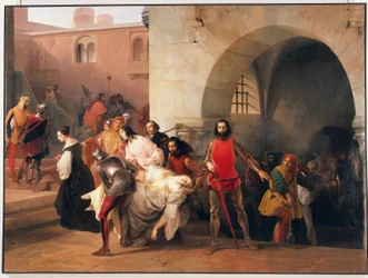 Marco Visconti löysi bicet Rosaten linnansa kellarista, teema Tommaso Grossin romaanista Marco Visconti, kuvitus Francesco Hayezin