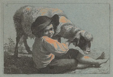 Istuva talonpoika, jolla on lammas