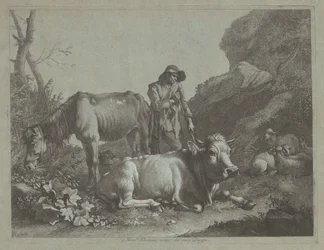 Paimen lepää kävelysauvalla vanhan hevosen ja makuuasennossa olevan härän kanssa, vuoden 1767 jälkeen.