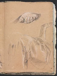 Verona Sketchbook: Vasemman jalan ja verhojen tutkimus oikealla kädellä (sivu 79)
