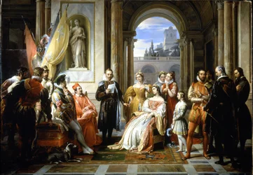 Torquato Tasso (Le Muche) lukee Jerusalemin delivree-kirjaansa (Vapautettu Jerusalem) Ferraran hovissa. Francesco Podestin (1800-1895) maalaus