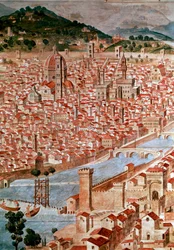 Pianta della Catena. Yksityiskohta Firenzen kaupunkikartasta, jota kutsutaan "Catenaksi" sen ketjunmuotoisen kehyksen vuoksi. Francesco di Lorenzo Rosselli (1448-1513) toteutti sen vuonna 1490. Firenze, Museo Firenze com