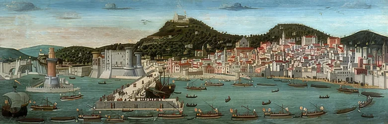 Tavola Strozzi. Näkymä Napoliin, Aragonian laivasto saapuu satamaan 12. heinäkuuta 1465