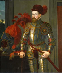 Arkkiherttua Ferdinand II, kuningas Ferdinand I:n ja Unkarin Annan toinen poika (maalaus tammipuulle)
