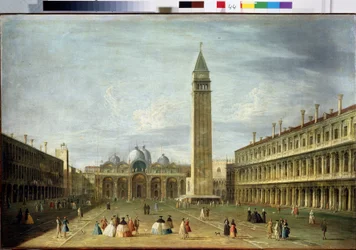 Pyhän Markuksen aukio (San Marco) (tai Piazzetta) Venetsiassa Pyhän Markuksen basilikan ja Campanilen kanssa. (Pyhän Markuksen aukio Venetsiassa). Francesco Tironin (1745-1797) maalaus. Öljy kankaalle, 72 x 109 cm. 1700-luvun venetsialaista taidetta. Valti