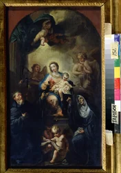 Neitsyt ja lapsi pyhien kanssa (Madonna ja lapsi pyhien kanssa). Francesco Trevisanin (1656-1746) maalaus. Öljy kankaalle, 61,5 x 35,5 cm. Venetsialainen koulu, italialainen barokkitaide. Alueellinen taidegalleria, Tambov (Venäjä).