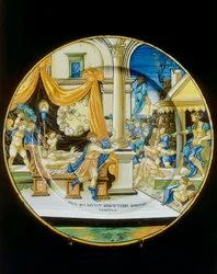 Heprealaisen Joosefin kiusaus, Francesco Xanto Avellin lautanen, jota säilytetään Firenzen Museo Nazionale del Bargellossa