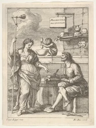 Apina, joka työskentelee huhmareella ja survin, alapuolella Lorenzo Lippi kirjoittaa humoristista ..., n. 1710-64.