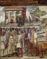 Allegoria heinäkuusta, yksityiskohta Jupiterin voitosta, hääkohtauksen yksityiskohta - Francesco del Cossan fresko (n. 1436-vers 1478) Ferrara (Ferrara) Palazzo Schifanoia, Salone dei Mesi
