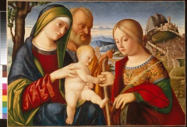 Les noces místiques de Santa Caterina - Pintura de Francesco di Bernardo de Vecchi Santacroce (1505-1545), oli sobre tela, 47,5x67 cm - Les noces místiques de Santa Caterina, Oli sobre tela de Francesco di Bernardo de Vecchi Santacroce - State A Pushfinnis