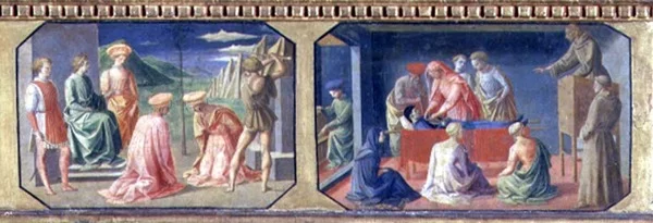 (LtoR) SS:n marttyyrikuolema. Cosmas ja Damian, St. Anthony of Padova löytää Misers Heart; kaksi paneelia Filippo Lipin (n. 1406-69) Madonna ja Child Enthroned predellasta (tempera pannulla)