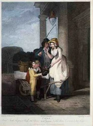 "Round and Sound, Five Pence a Pound, Duke Cherries", levy 8 julkaisusta "The Cries of London", kaiverrus Anthony Cardon (1772-1813), pub. Colnaghi & Co.