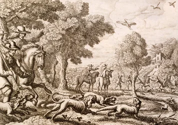 Saukkon metsästys joen rannalla, kaiverrus Wenceslaus Hollar, 1671