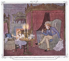 Kuningas istui joka ilta katsoen häntä ristiin, Warne  Co:n julkaisemasta The Magic Fishbone pub.by Warne  Co, n.1940 (värilitografia).