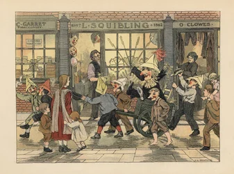 Ilotulituskauppa - Viktoriaaniset lapset vetävät Guyta kärryissä Guy Fawkes -yönä L. Squiblingin ilotulituskaupan edessä. Kromolitografia Francis Donkin Bedfordin kuvituksen mukaan Edward Verrall Lucasin teoksesta The Book of Shops.