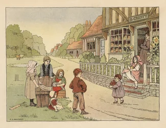 Viktoriaaniset lapset kylän leipomon ulkopuolella B. Crusty. Kromolitografia Francis Donkin Bedfordin kuvituksen mukaan Edward Verrall Lucasin teoksesta The Book of Shops.