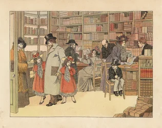 Viktoriaaniset asiakkaat kirjakaupassa. Kromolitografia Francis Dorkin Bedfordin kuvituksen mukaan Edward Verrall Lucasin teoksesta The Book of Shops, Grant Richards, Lontoo.