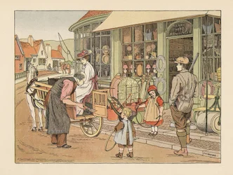 Viktoriaaninen perhe Henry Hoopin, kylän rautakauppiaan luona. Kromolitografia Francis Donkin Bedfordin kuvituksen mukaan Edward Verrall Lucasin teoksesta The Book of Shops.